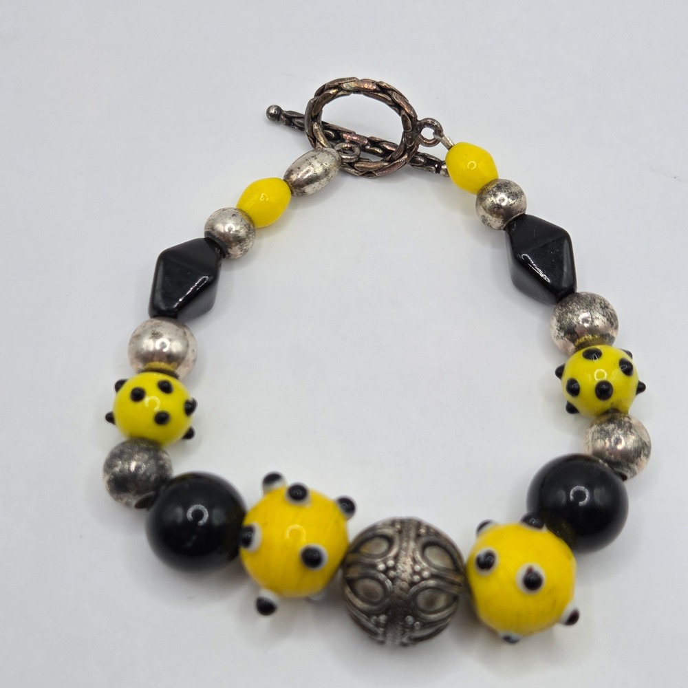 Yellow Black Lampwork Glass Bead Bracelet Toggle Clasp 8.75" Silver Tone
